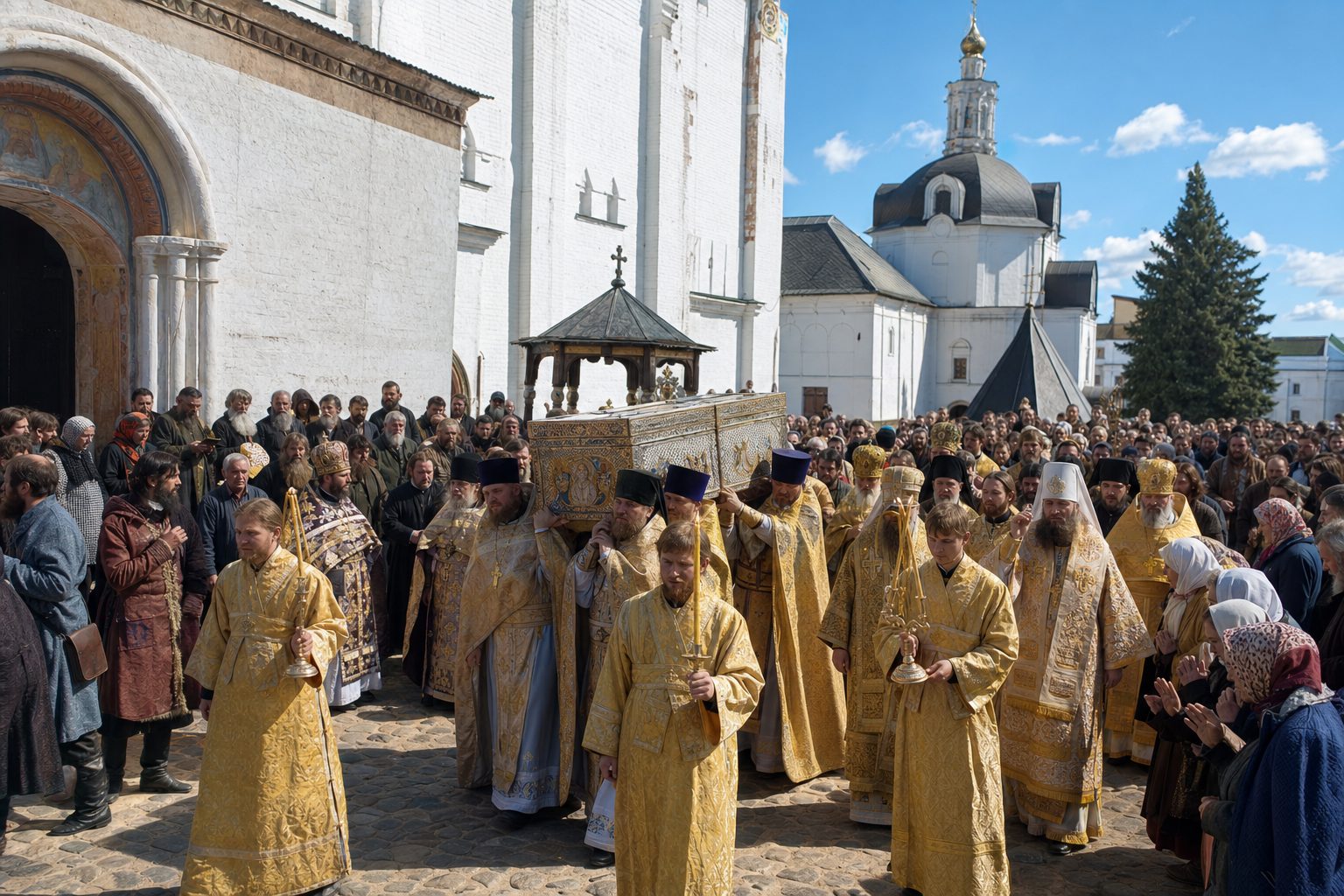 Photorealistic image, Obtaining and transferring the relics of Alexius, the metropolitan of all Russia and miracle worker, Orthodox calendar, 2026-06-02, relic_or_church_event