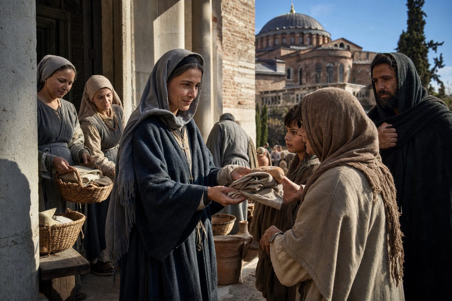 Photo-realistic depiction, Life of the holy Olympiad of the diaconess, Orthodox calendar, 2026-08-07, saint_life
