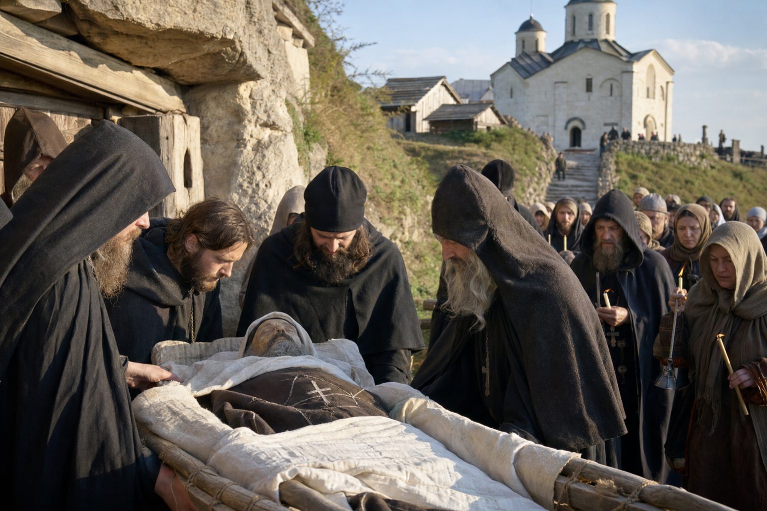 Photo-realistic image of the transfer of the relics of our reverend father Theodosius, the Cave Igoumen, the Orthodox calendar, 2026-08-27, relic_or_church_event